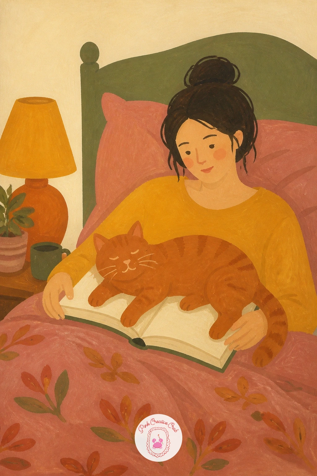 Reading in Bed With a Cat on the Book — Build this one from the pillow outward, since the whole mood depends on how soft and sunk-in the bedding looks. Reading