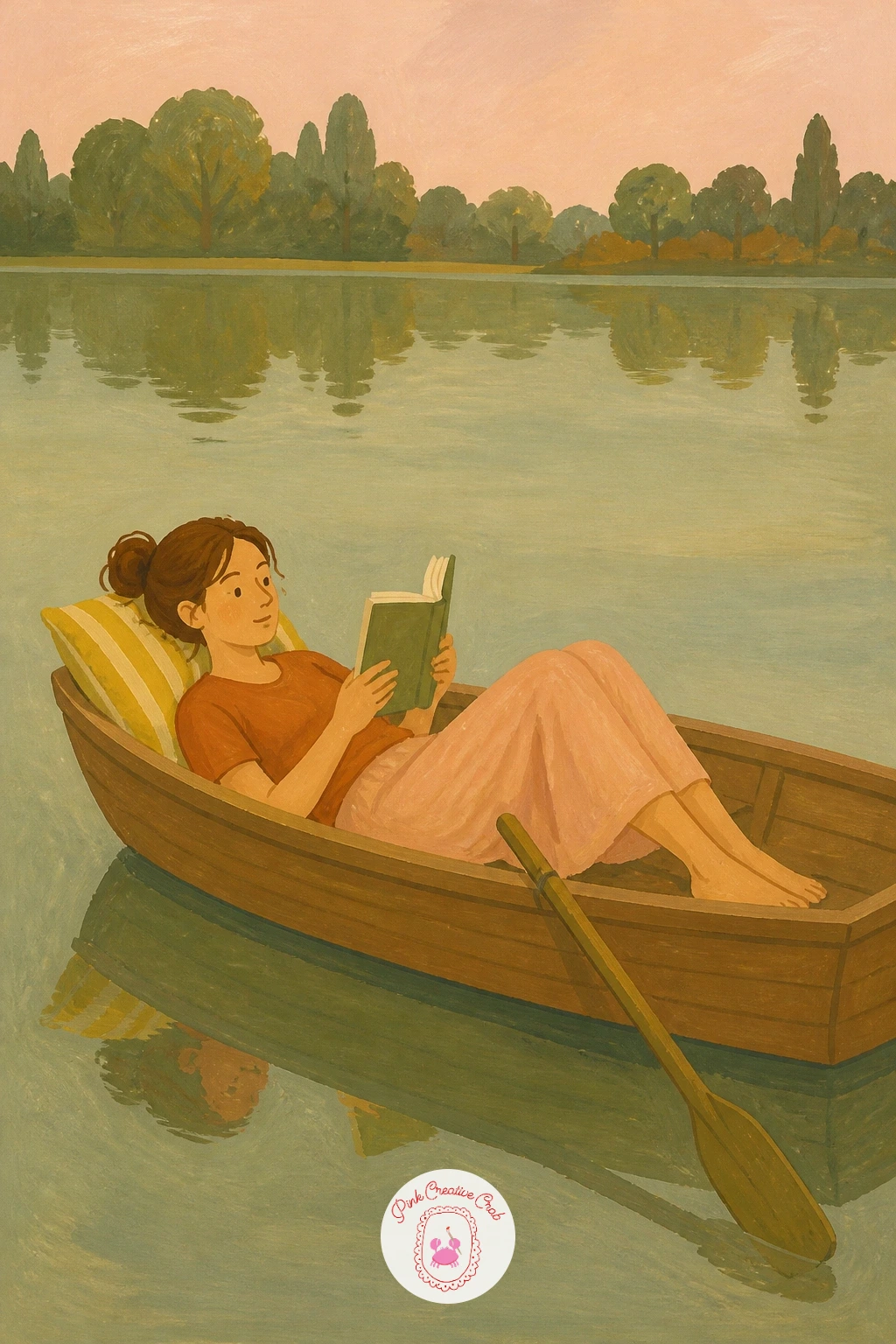 Reading in a Rowboat on a Still Lake — Set the water line first, since it decides where the boat sits and how much sky you get. Reading painting