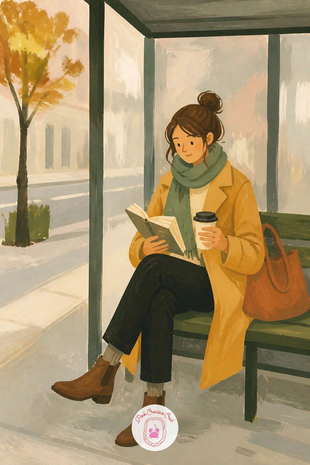 Reading at a Bus Stop With a Coffee — Paint the bus shelter as two or three flat panes of glass-grey and a simple roof line before you place the figure, since