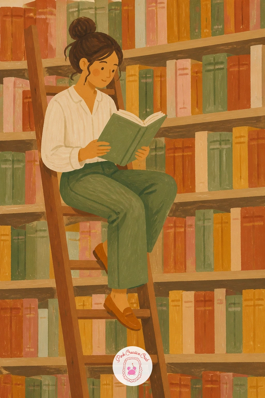 Reading on a Library Ladder — Build the shelving first, since the ladder and the woman both depend on a believable wall of books behind them. Reading painting