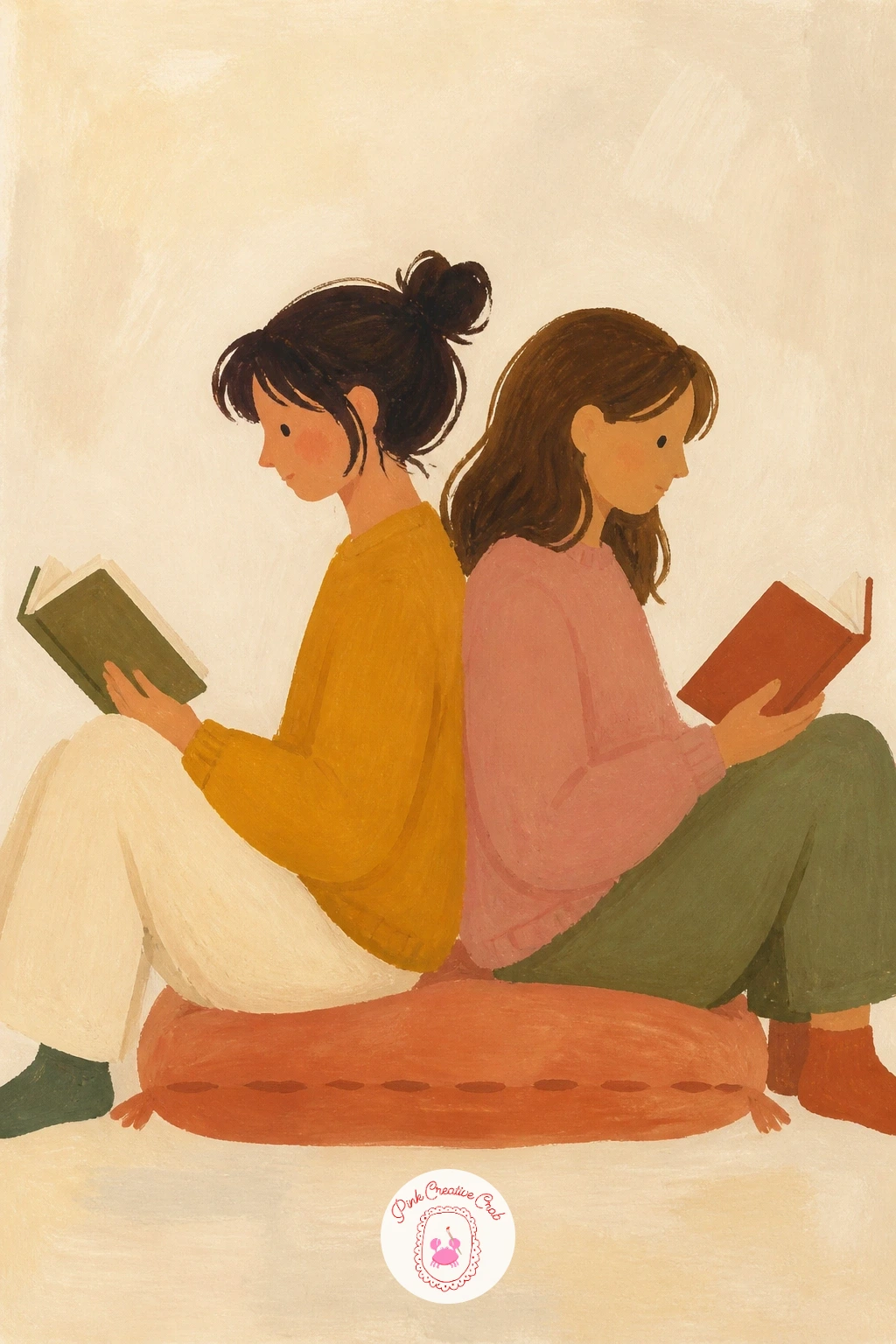 Two Friends Reading Back to Back — Start with two matching, simple seated poses, since the whole charm of this scene is the symmetry. Reading painting