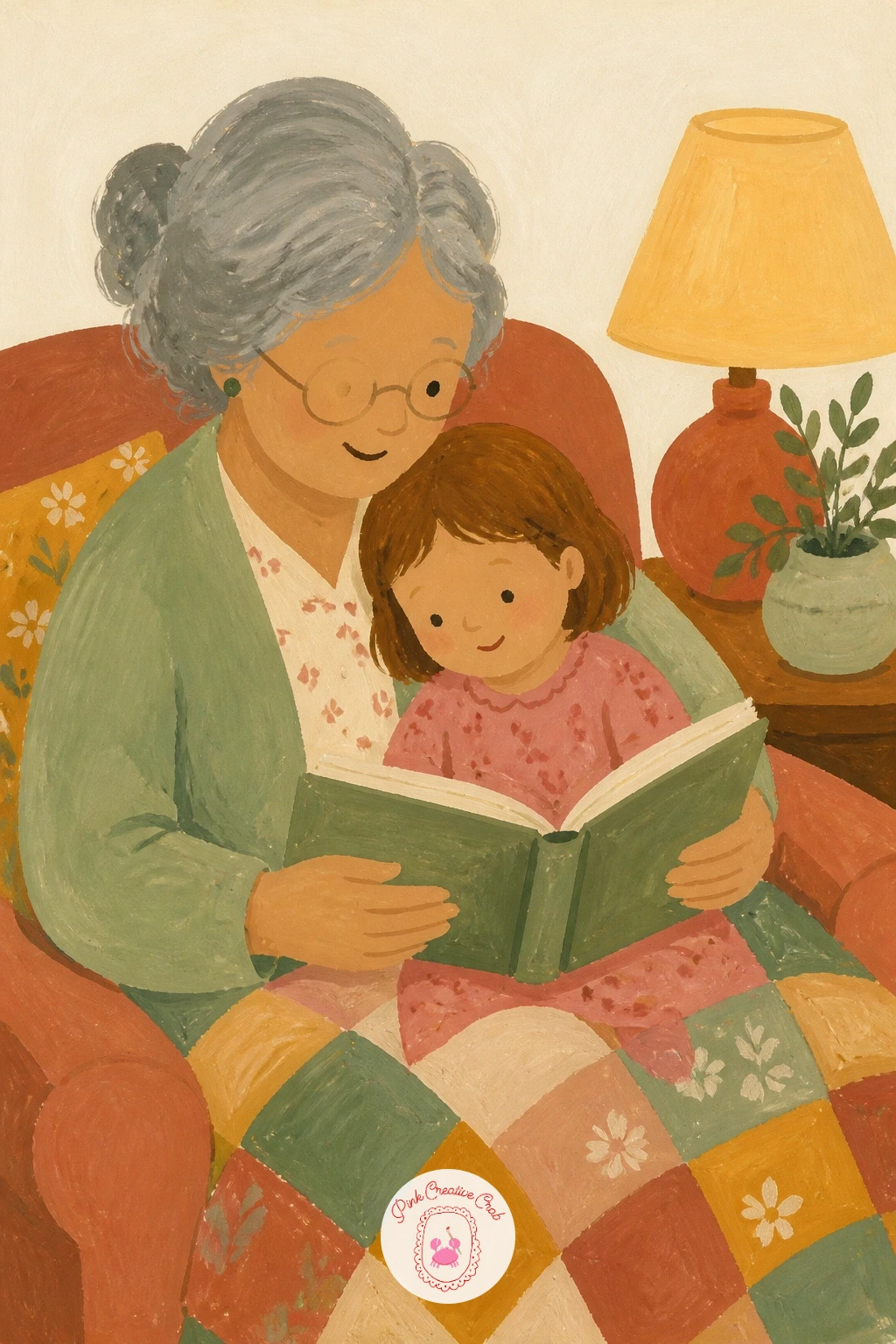 Grandmother Reading to a Grandchild — Scale is everything in this one, so block in the grandmother's seated shape first and then measure the child against her