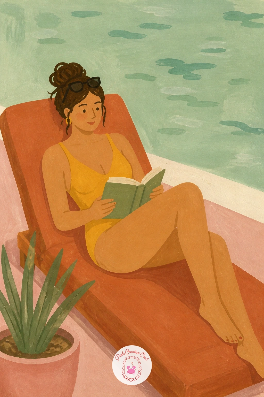 Reading by a Pool on a Lounger — Lay the pool water in as one flat band of blue-sage first, since its color temperature decides how warm or cool the whole