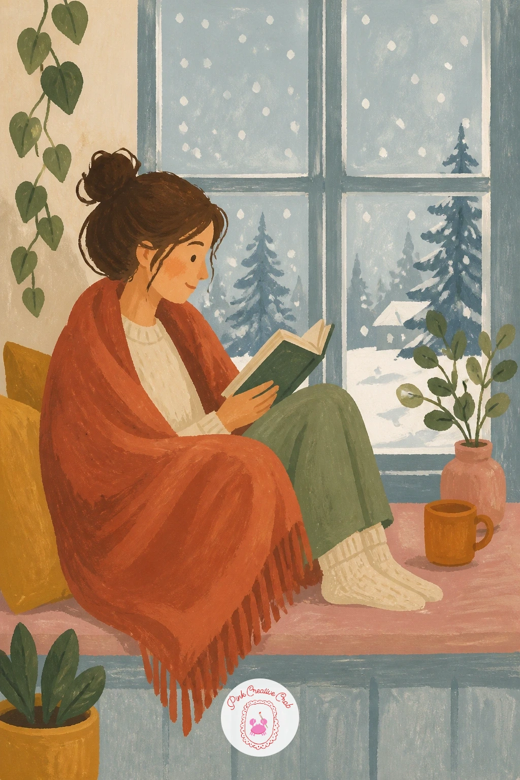 Reading in a Window Seat While Snow Falls — Frame the window before anything else, since the falling snow needs a clear pane to fall inside. Reading painting