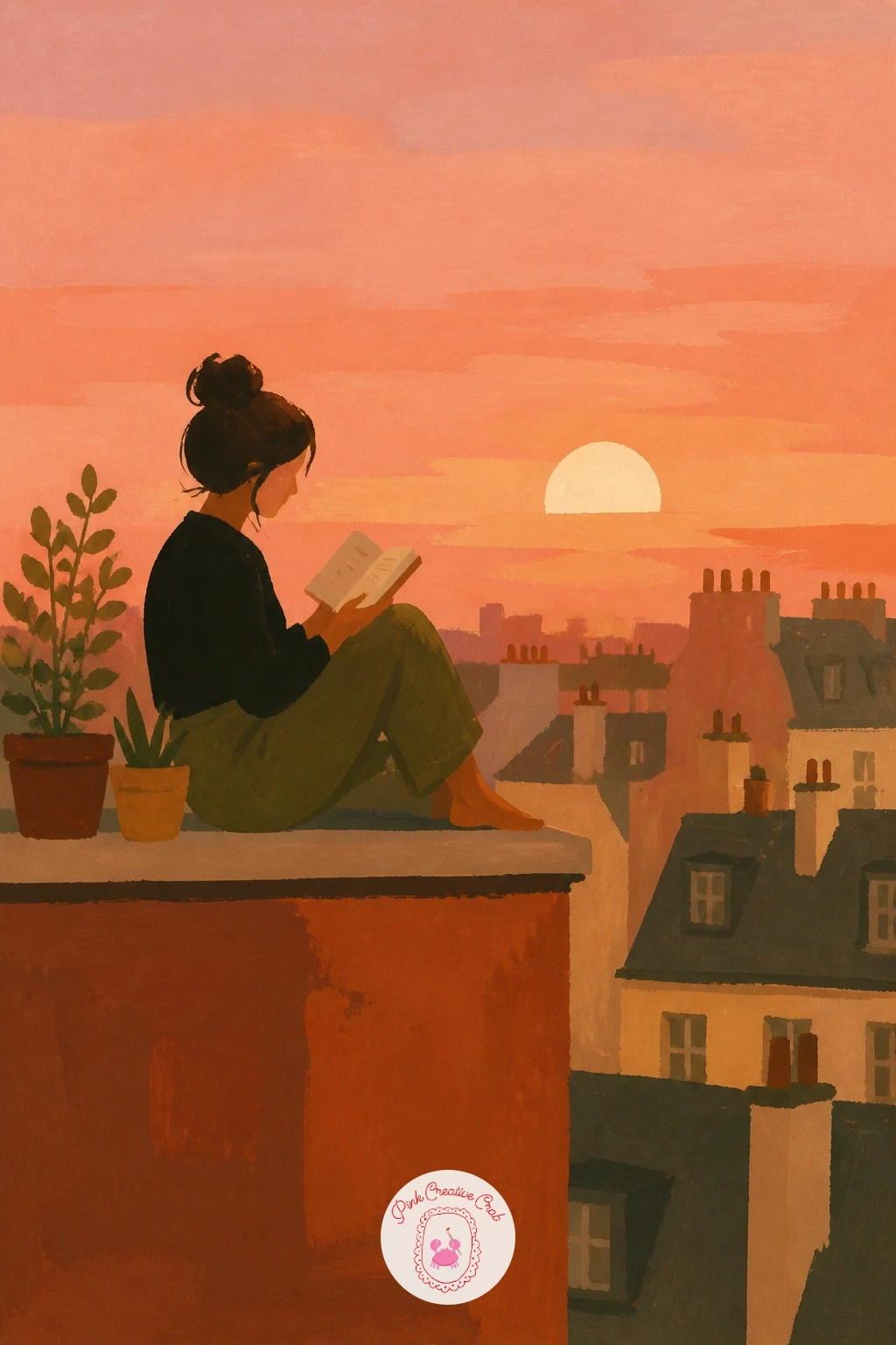 Reading on a Rooftop at Sunset — Build the sky first, since it carries most of the mood and color in this scene. Reading painting