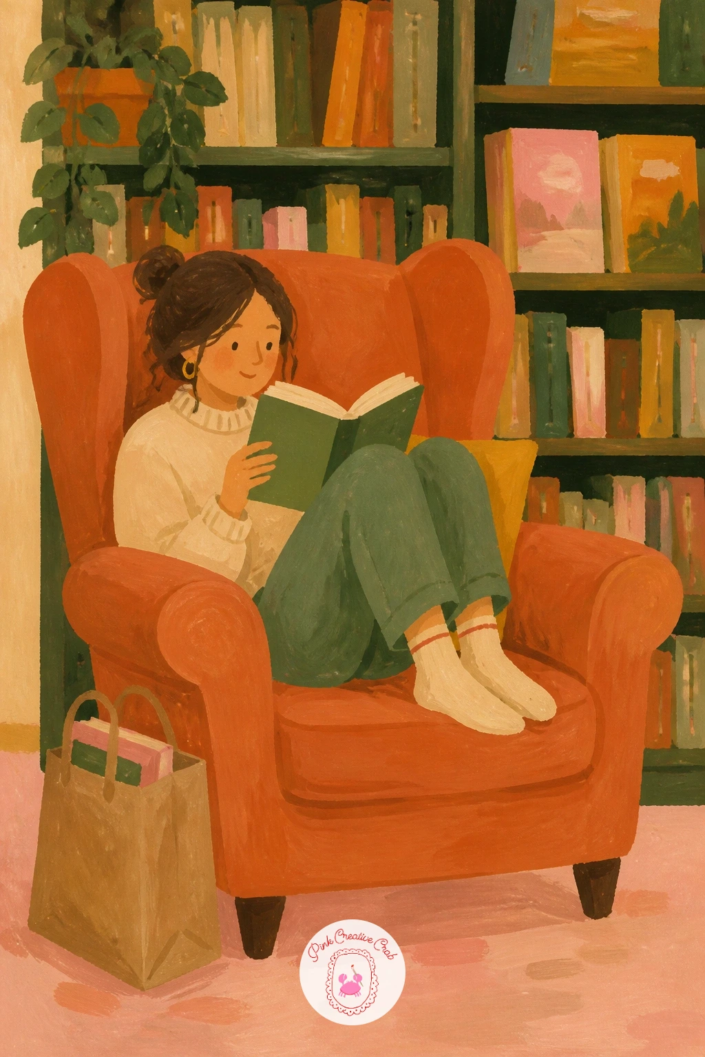 Reading in a Bookshop Armchair — Start with a deep, oversized armchair shape in terracotta or sage, since the whole joke of this scene is how small the woman