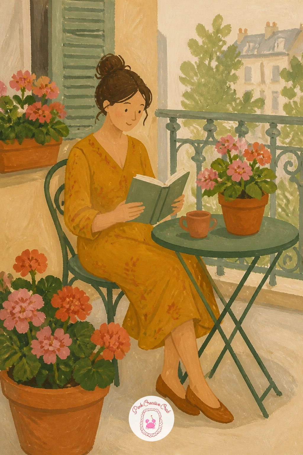 Reading on a Balcony With Geraniums — Paint the balcony railing first, a simple grid of thin sage or grey lines, and let the geranium pots sit along it before