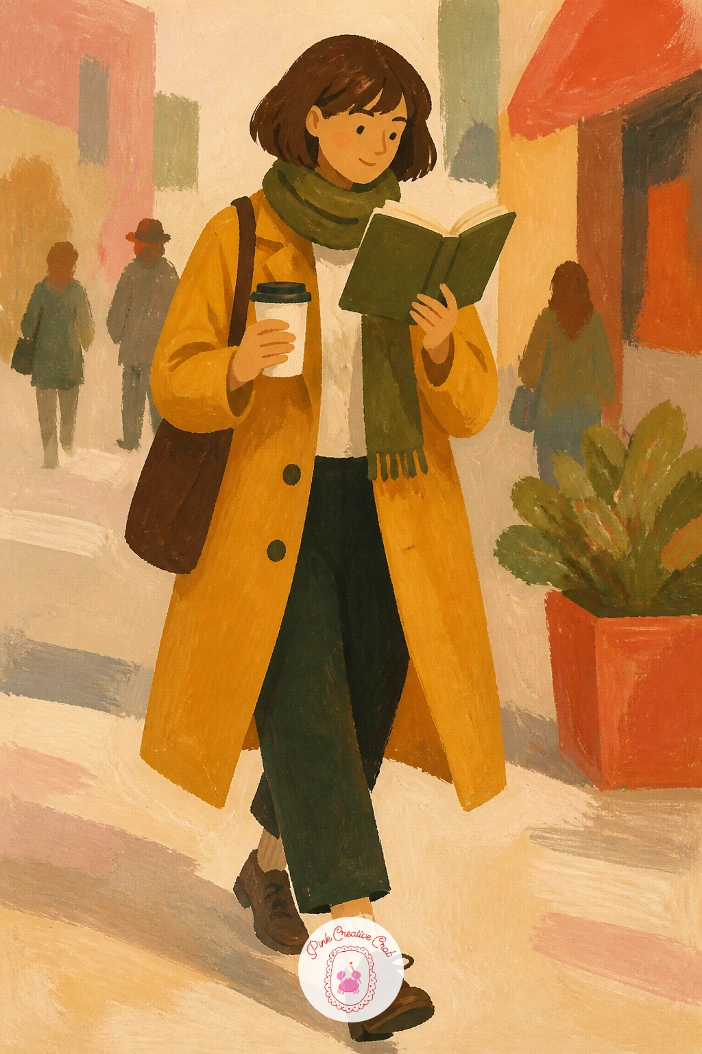 Reading While Walking With a Coffee — Give this figure a clear forward lean before anything else, since a walking pose reads completely differently from a