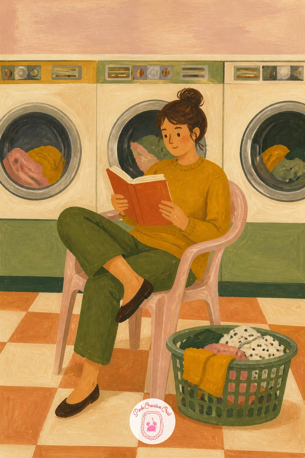 Reading in a Laundromat — Line up the washing machines first as a row of simple round-windowed boxes along the back wall, since their repetition gives this