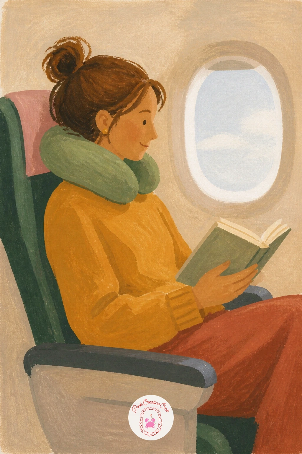 Reading on a Plane — Paint the oval airplane window first and set a flat band of sky or cloud behind it, since that small shape instantly tells the viewer