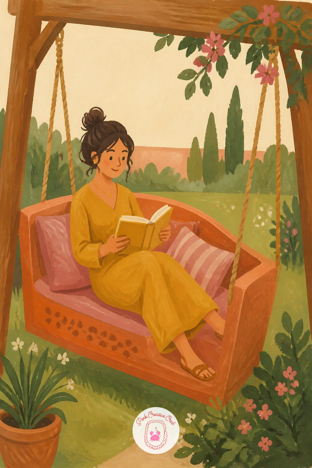 Reading on a Garden Swing Seat — Hang the swing's frame first, a simple A-shaped wooden support, before you add the seat and the woman, since the frame tells