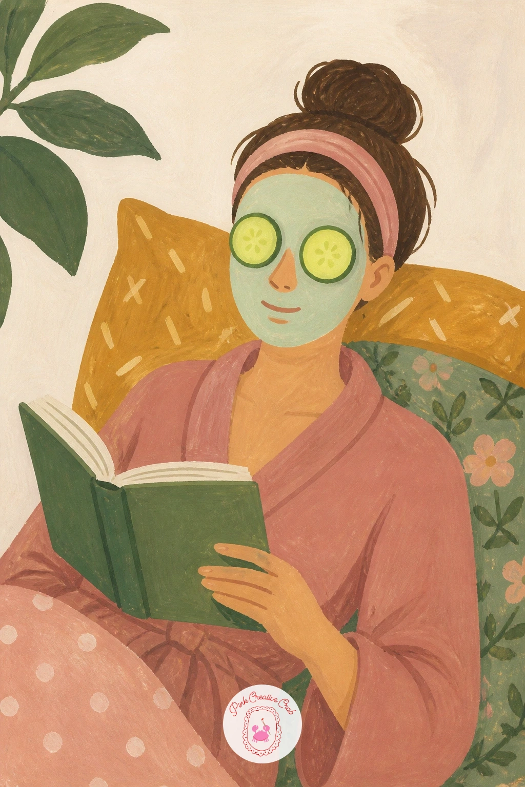 Reading With a Face Mask and Cucumber Slices — Paint the face first for once, since the whole charm of this scene lives in her expression under the mask.