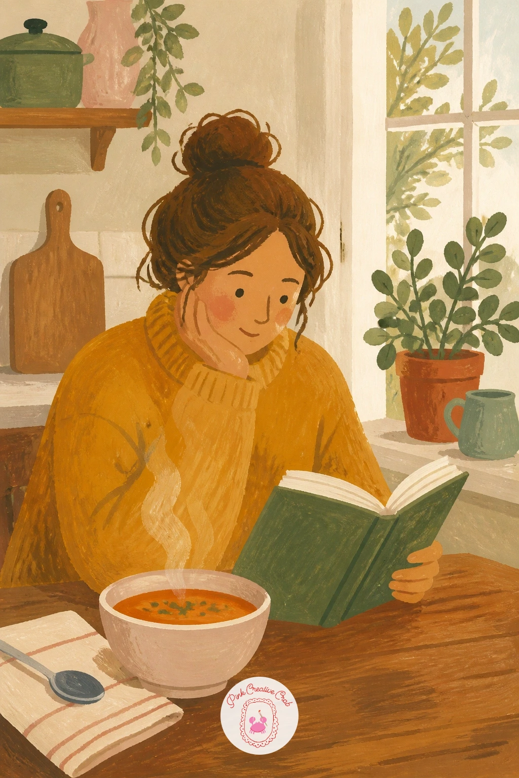 Reading at a Kitchen Table With Soup — Set the table surface first, a simple flat wood-tone rectangle, with a bowl of soup painted as one warm terracotta