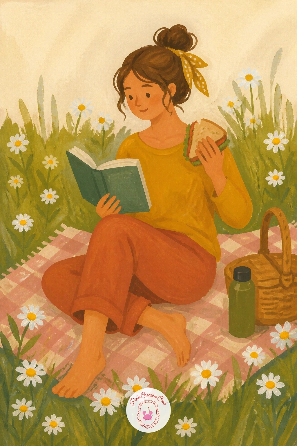 Reading in the Grass With a Sandwich — Lay down a flat sage ground first, then scatter a few small white or cream dots for daisies the same loose way you