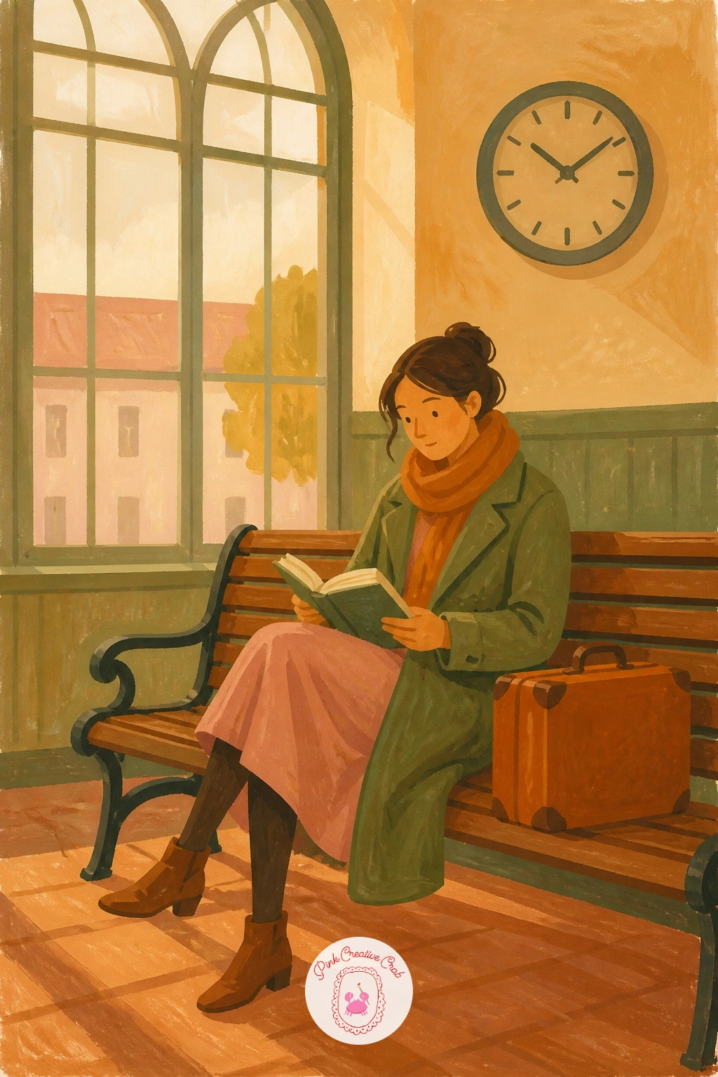 Reading in a Station Waiting Room — Paint a row of simple wooden benches first, receding slightly to suggest a long waiting room, then set the woman at one end