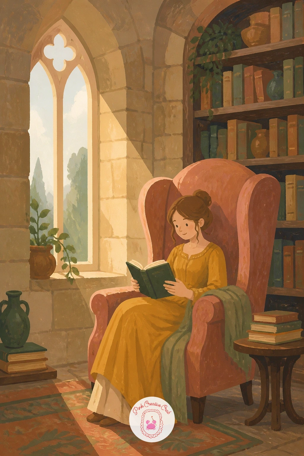 Reading in a Castle Library — Give yourself a tall format for this one, since the whole feeling depends on scale: paint towering stone walls lined with shelves