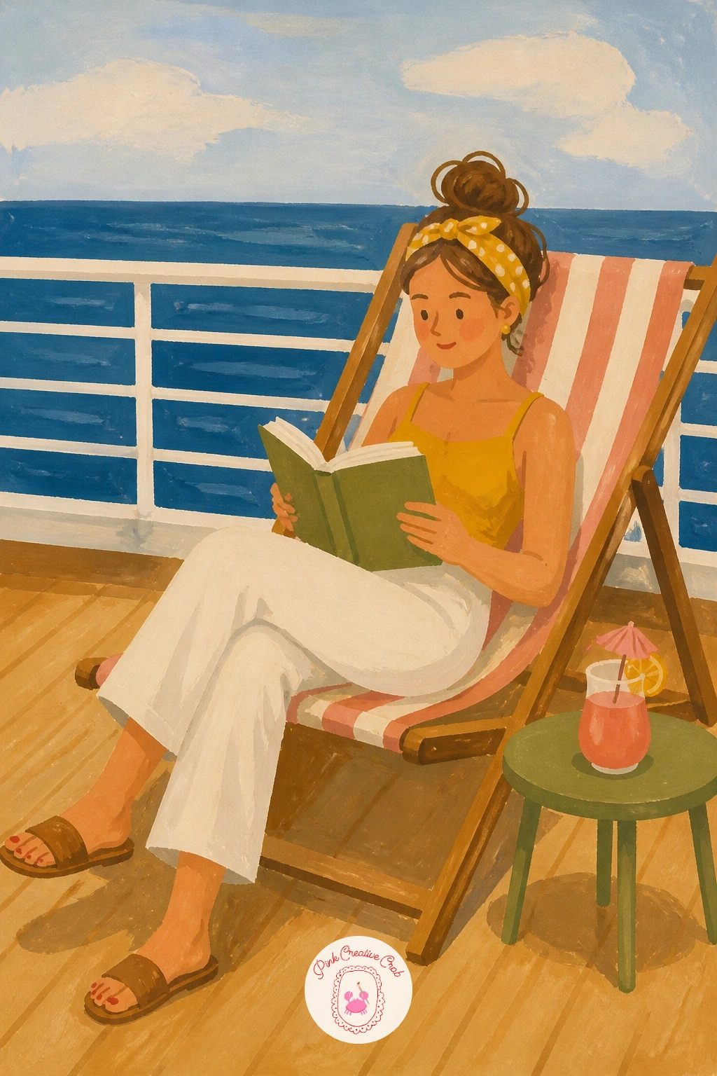 Reading on a Deck Chair on a Cruise Ship — Paint the ship's railing and a flat band of ocean blue behind it first, since that horizon line is what tells the