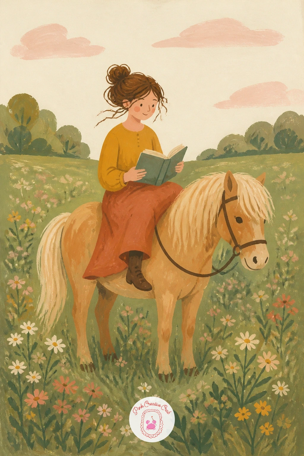 Reading on a Pony in a Meadow — Build the pony's body as a few simple rounded shapes first, a barrel chest, a gentle neck curve, short sturdy legs, since