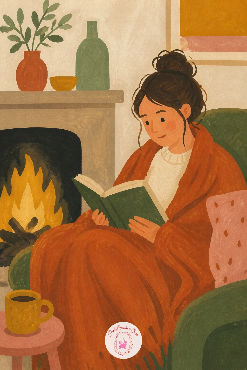Reading by a Fireplace With a Blanket — Paint the fireplace opening first, a simple dark arch with warm orange and mustard flame shapes licking upward, since