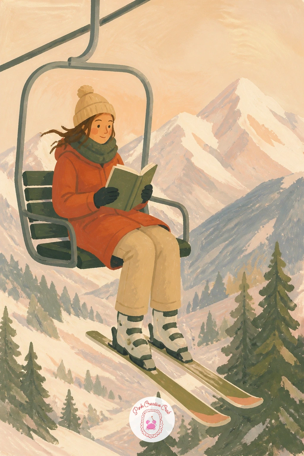Reading on a Ski Lift — Set the eye level high for this one, looking slightly down over the woman's shoulder, since a ski lift scene only works if the viewer