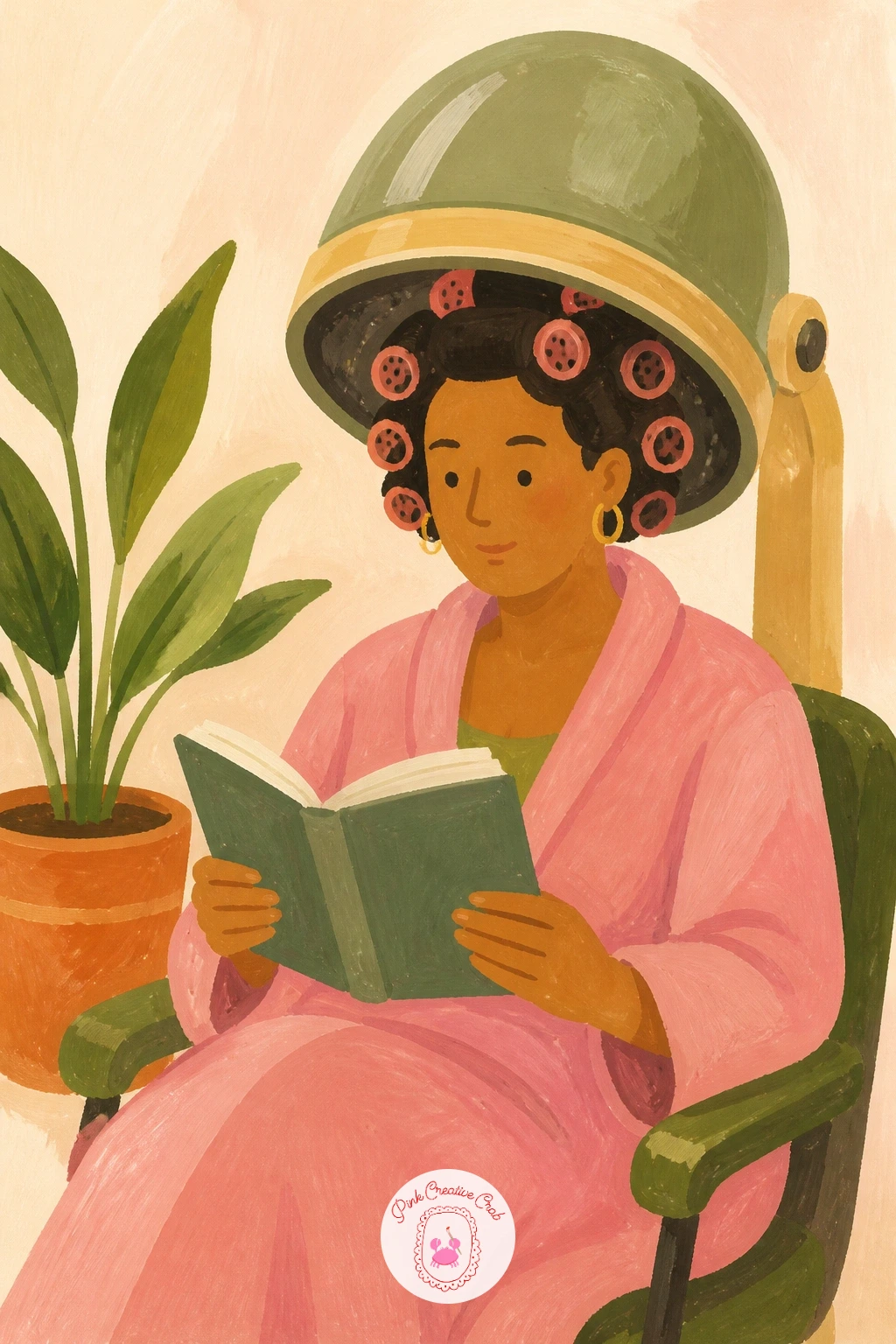 Reading Under a Salon Hair Dryer — Paint the dome hair dryer first, a simple rounded shape in pale sage or grey on an adjustable metal arm, since it is the one