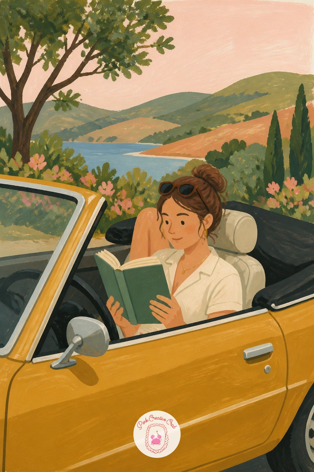 Reading in a Parked Convertible — Block in the car's body first as a few simple curved shapes, mustard or terracotta, with the top down so the woman's upper