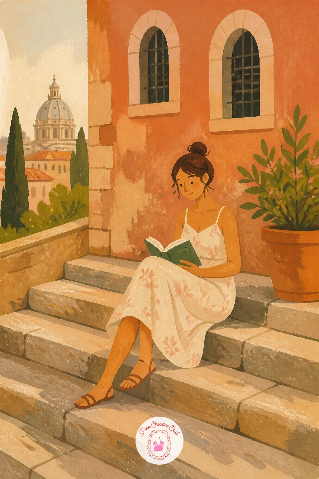 Reading on Stone Steps in Rome — Lay the steps in first as a simple diagonal stack of flat stone-colored rectangles, since getting that diagonal right is what