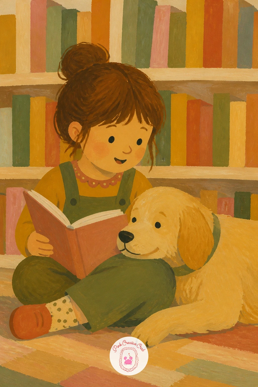 Child Reading to a Dog in a Library — Scale the child and the dog together first, since their relative size is what makes this scene read as sweet rather than