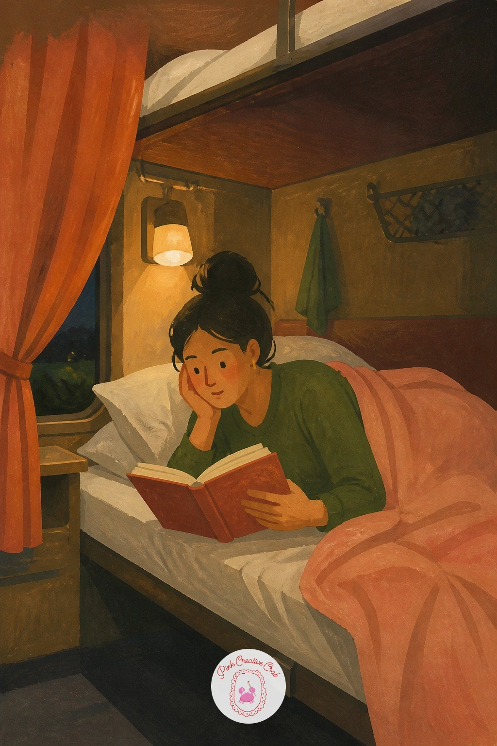 Reading on a Sleeper Train Bunk — Paint the narrow bunk and compartment wall first, keeping the space deliberately tight and cozy, a small curtained window, a