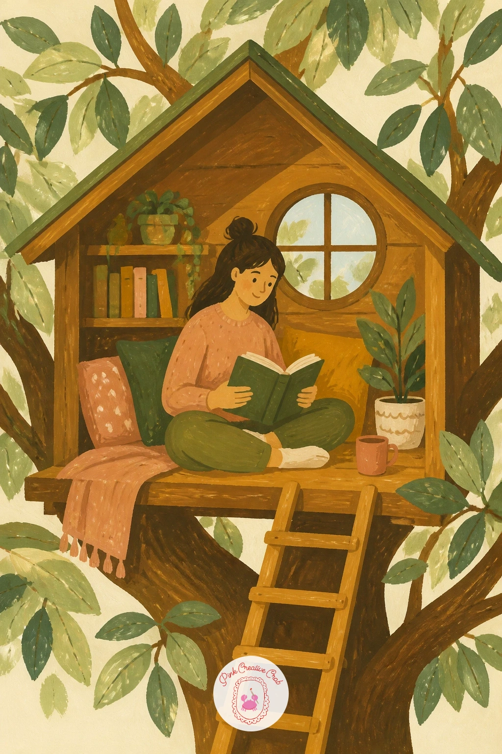 Reading in a Tree House — Build the tree house platform and walls first, simple flat wooden-plank shapes nestled among a cluster of leafy branches, before
