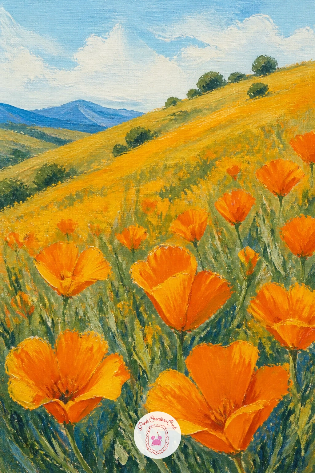 California Poppies On A Hillside — Bring in warmer orange tones with California poppies on a hillside, a scene that leans on sweeping brushwork more than