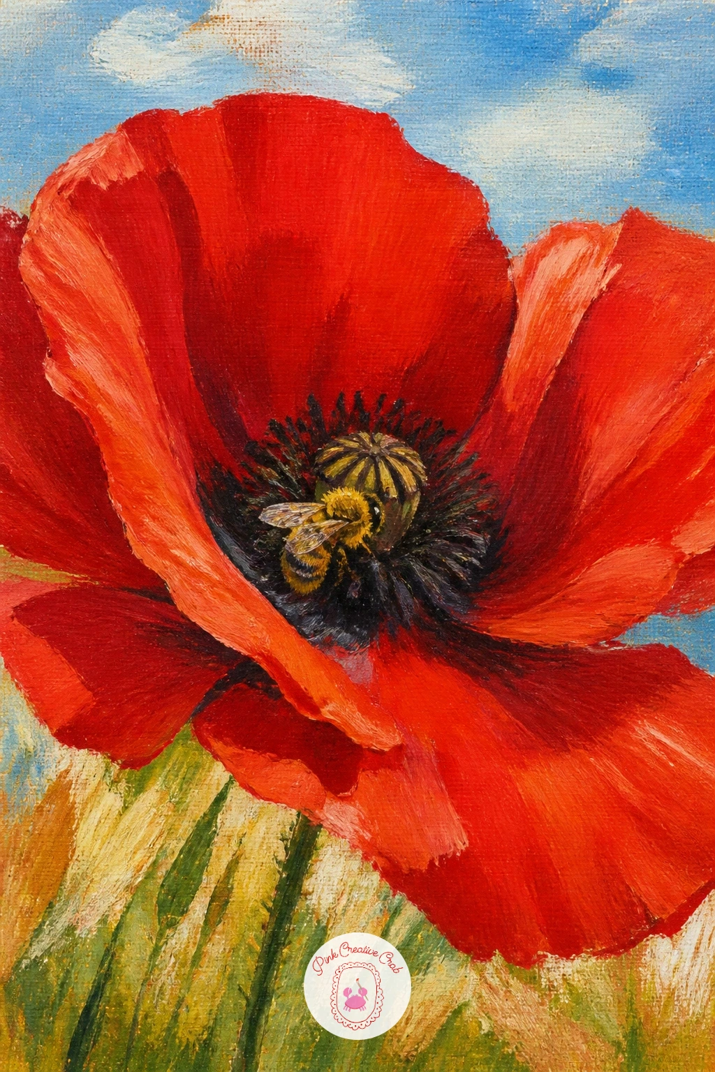A Bee Inside A Poppy — After painting fields from a distance, come in close with a bee inside a poppy, resting on the dark center among the stamens. Poppy