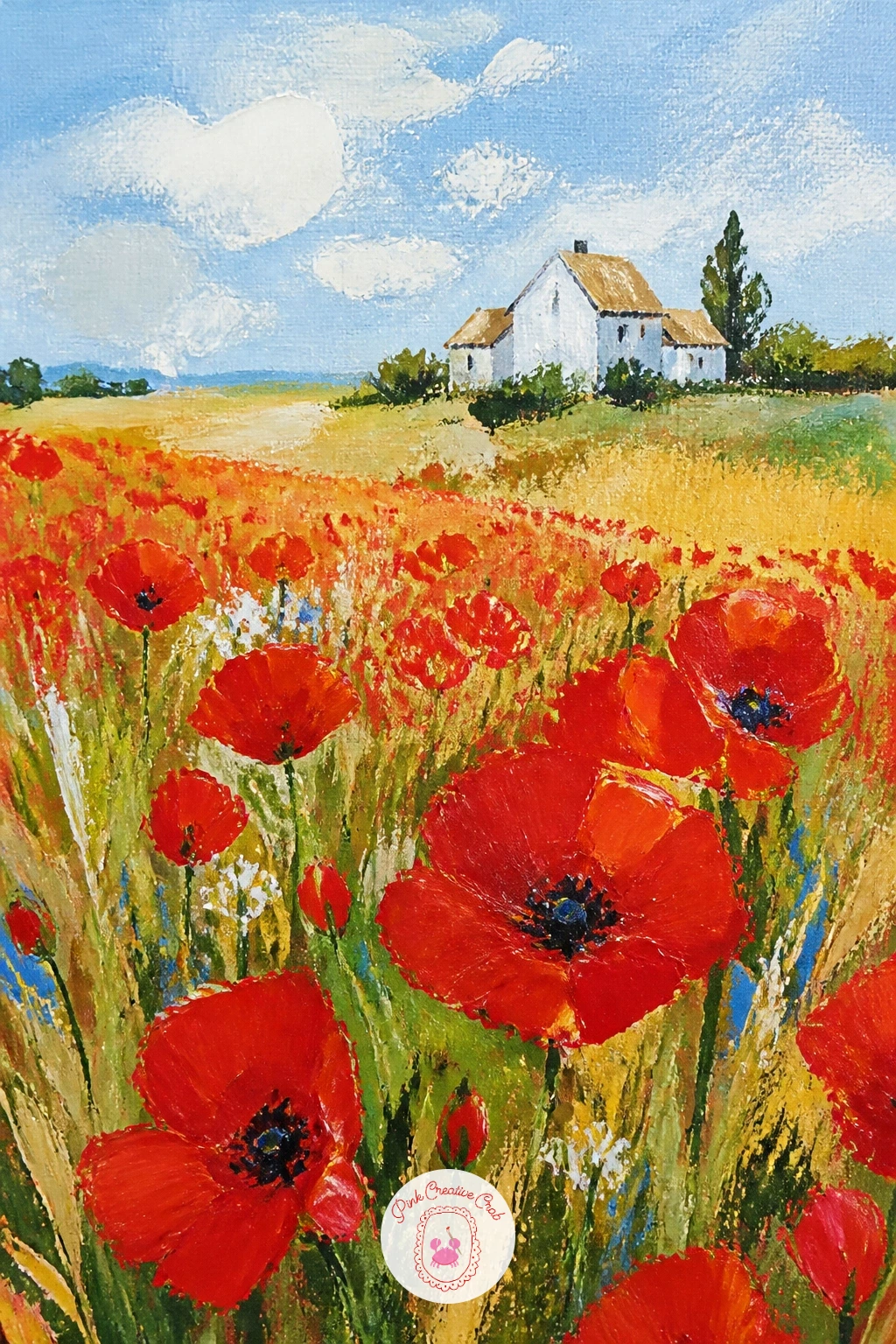 Poppy Field With A Farmhouse — Build a fuller landscape with a poppy field with a farmhouse, a simple stone or whitewashed building sitting low on the horizon.