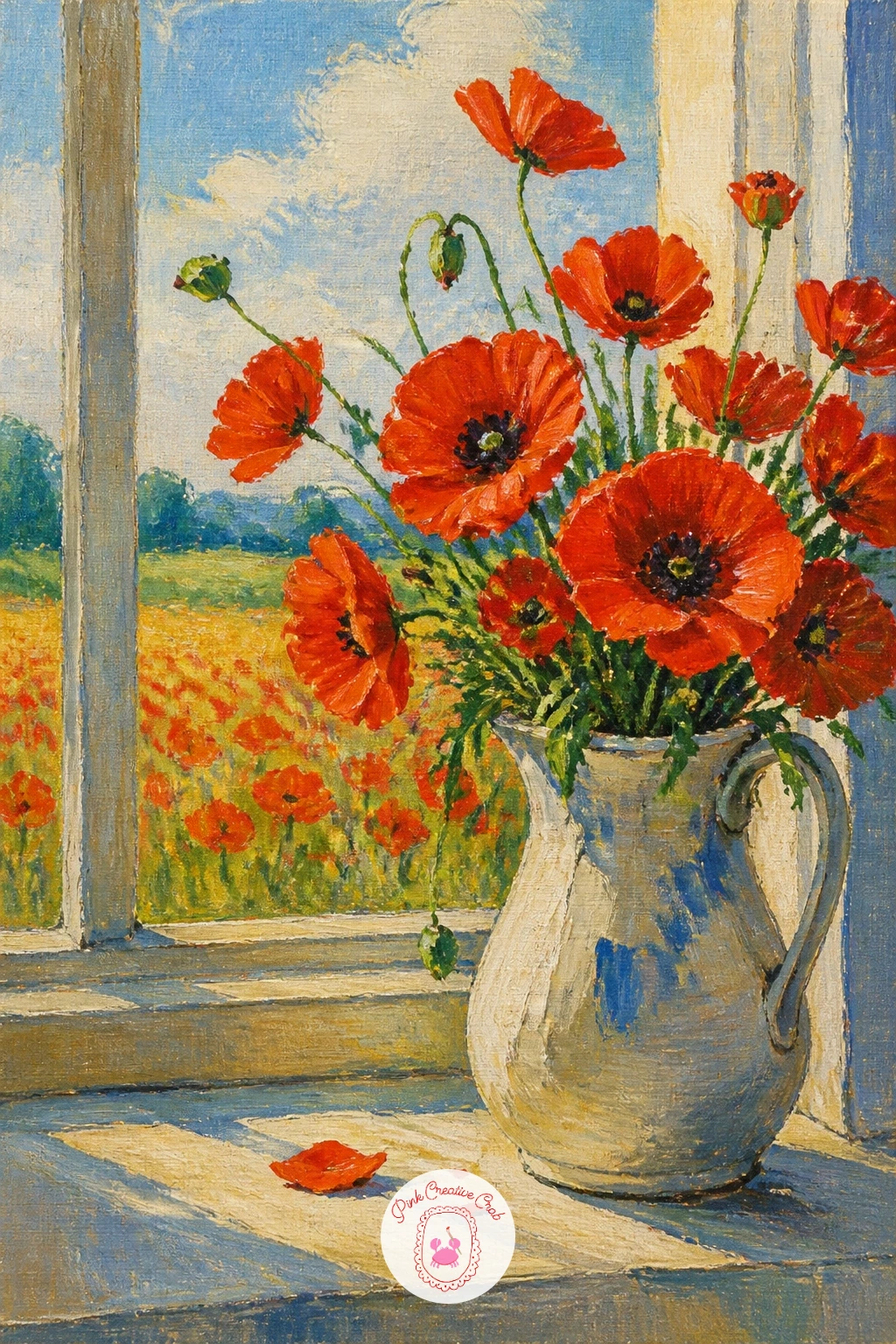 Poppies In A Vase On A Windowsill — Bring the countryside indoors with poppies in a vase on a windowsill, a cheerful still life with a view of the field