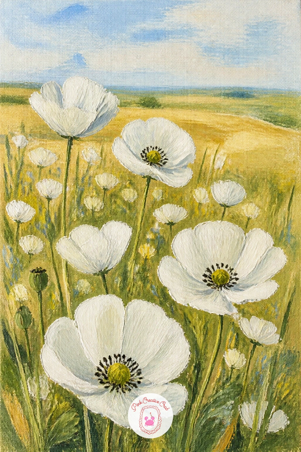 White Poppies In A Meadow — Try a quieter palette with white poppies in a meadow, which rely on shadow and shape rather than bold color to read clearly. Poppy