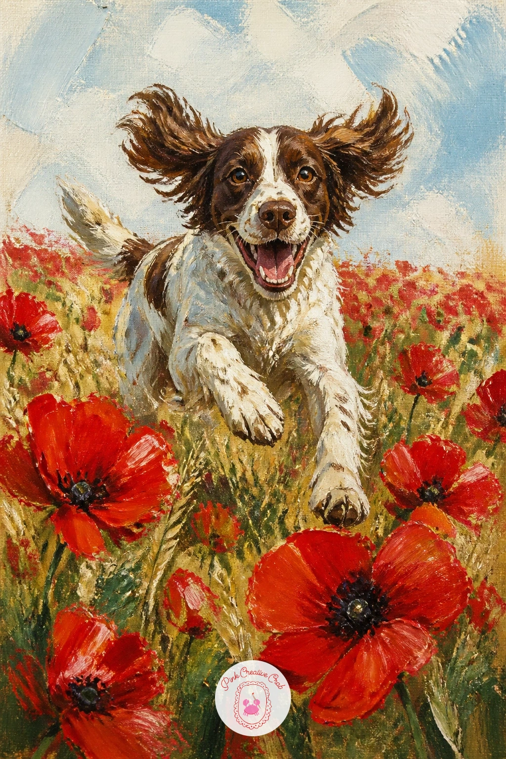 Dog Running Through Poppies — Add movement with a dog running through poppies, a joyful scene that works well with loose, energetic brushwork throughout. Poppy