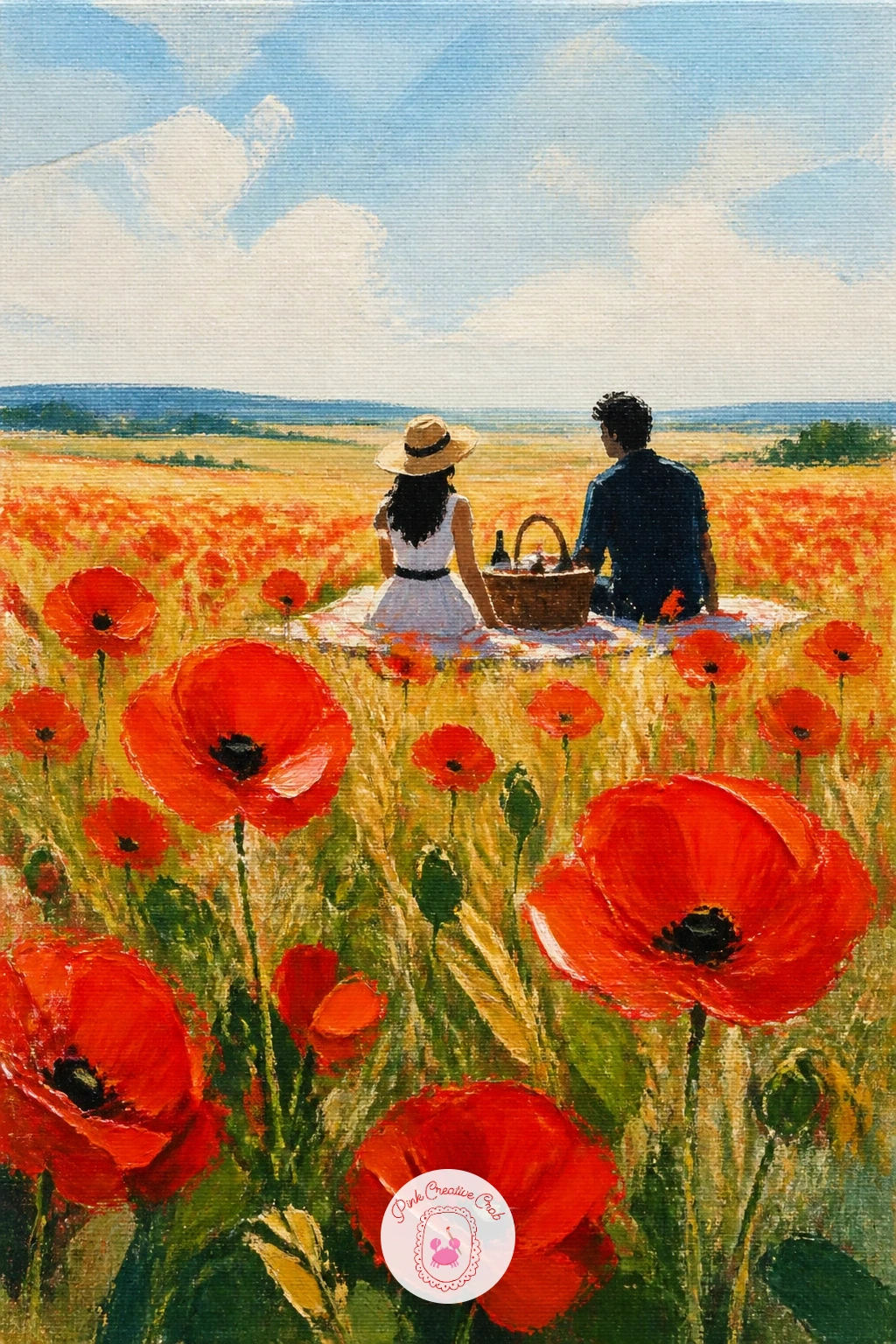 Couple Picnicking Among Poppies — Slow the pace again with a couple picnicking among poppies, a gentle narrative scene built from simple shapes rather than