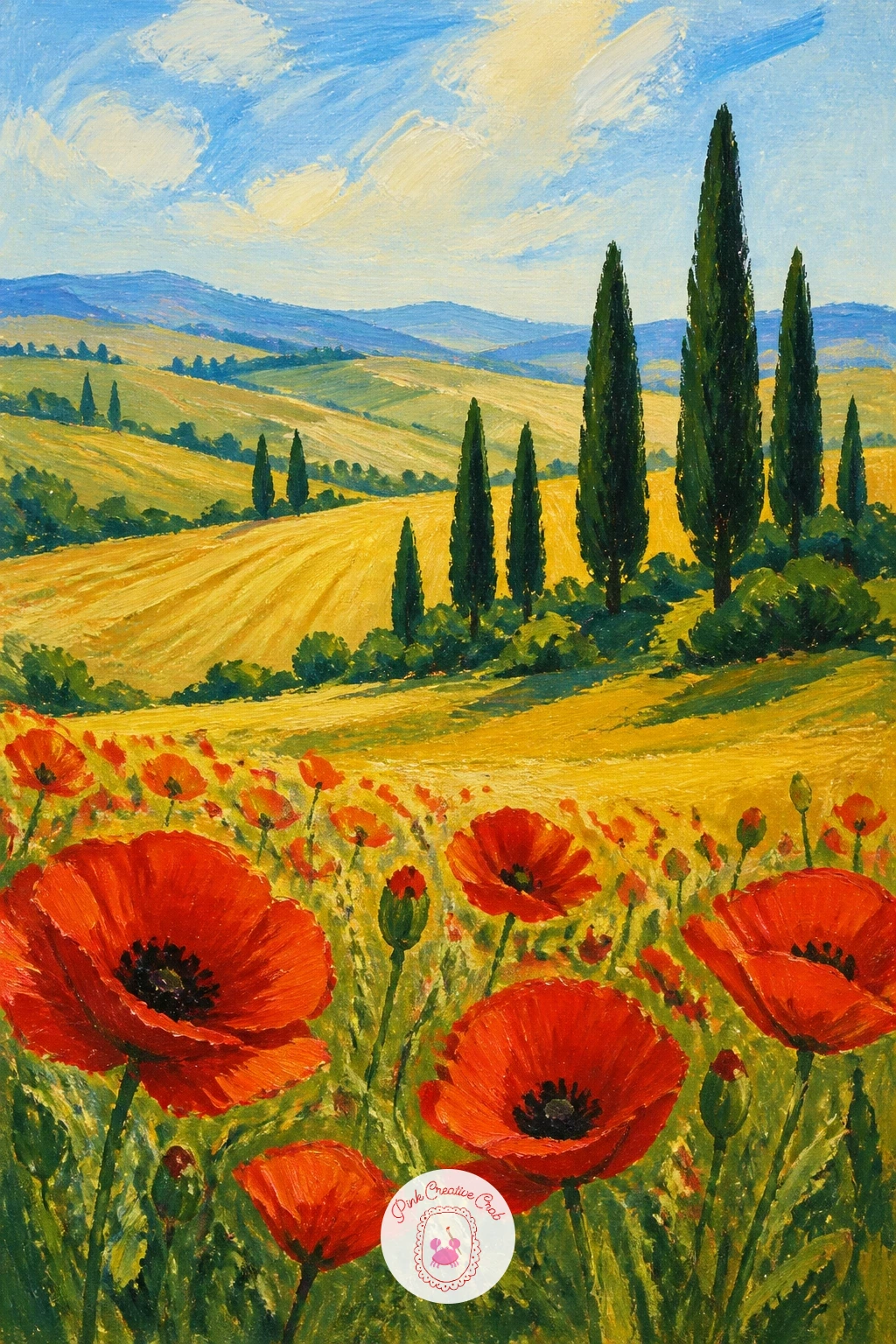 Poppies In Tuscany With Cypress Trees — Travel further with poppies in Tuscany with cypress trees, pairing the red field with the tall dark silhouettes that
