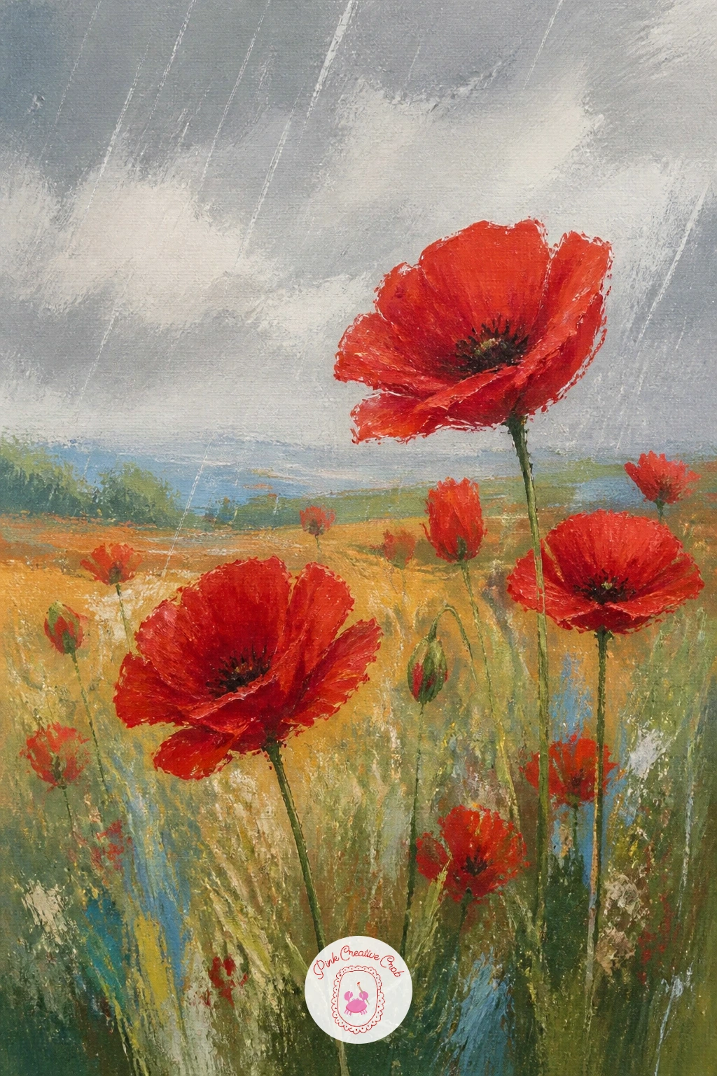 Poppies In The Rain — Change the mood with poppies in the rain, softer and more atmospheric than the bright sunny scenes earlier on this list. Poppy painting