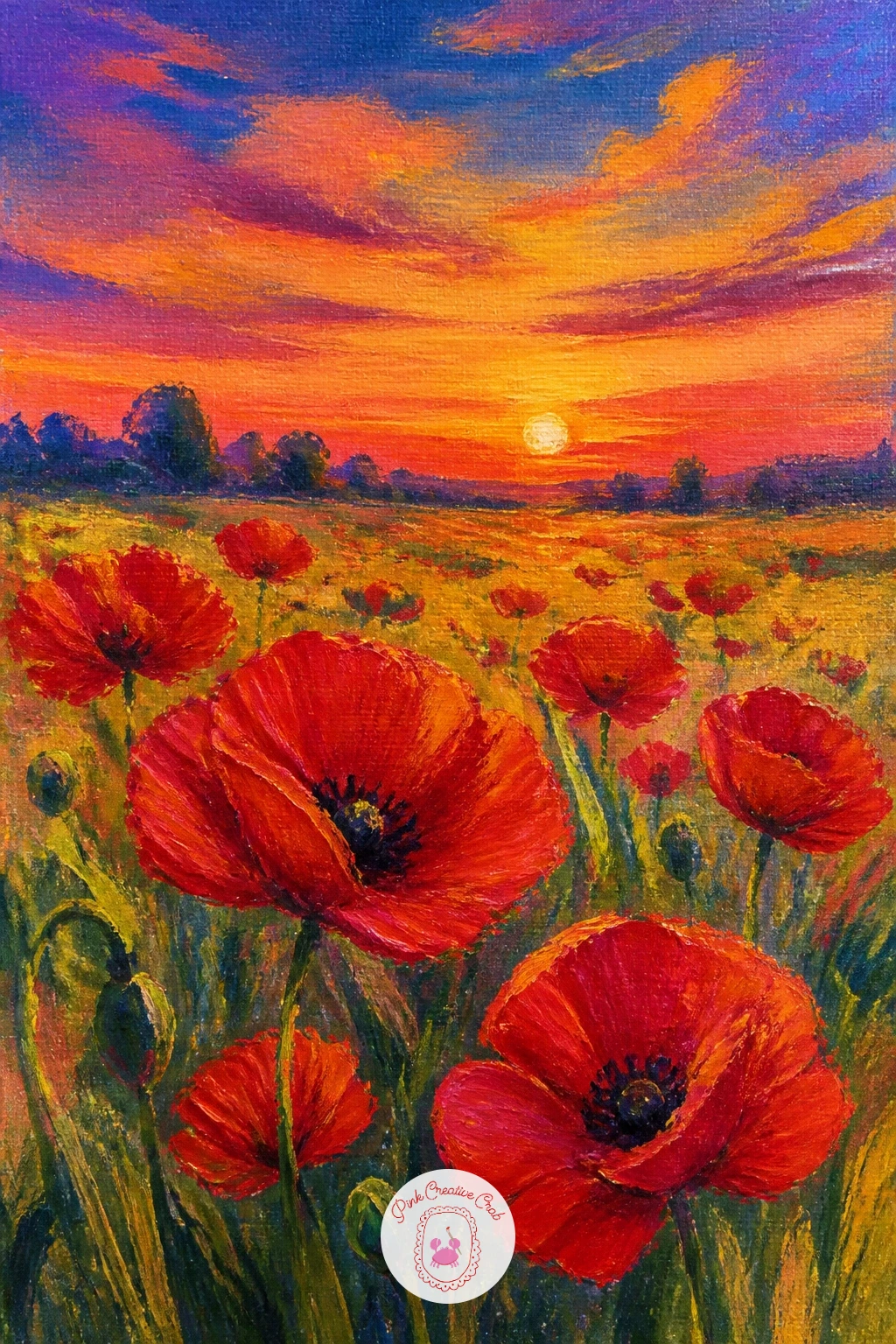Poppy Field At Sunset — Turn up the warmth with a poppy field at sunset, where the sky does most of the emotional work. Poppy painting