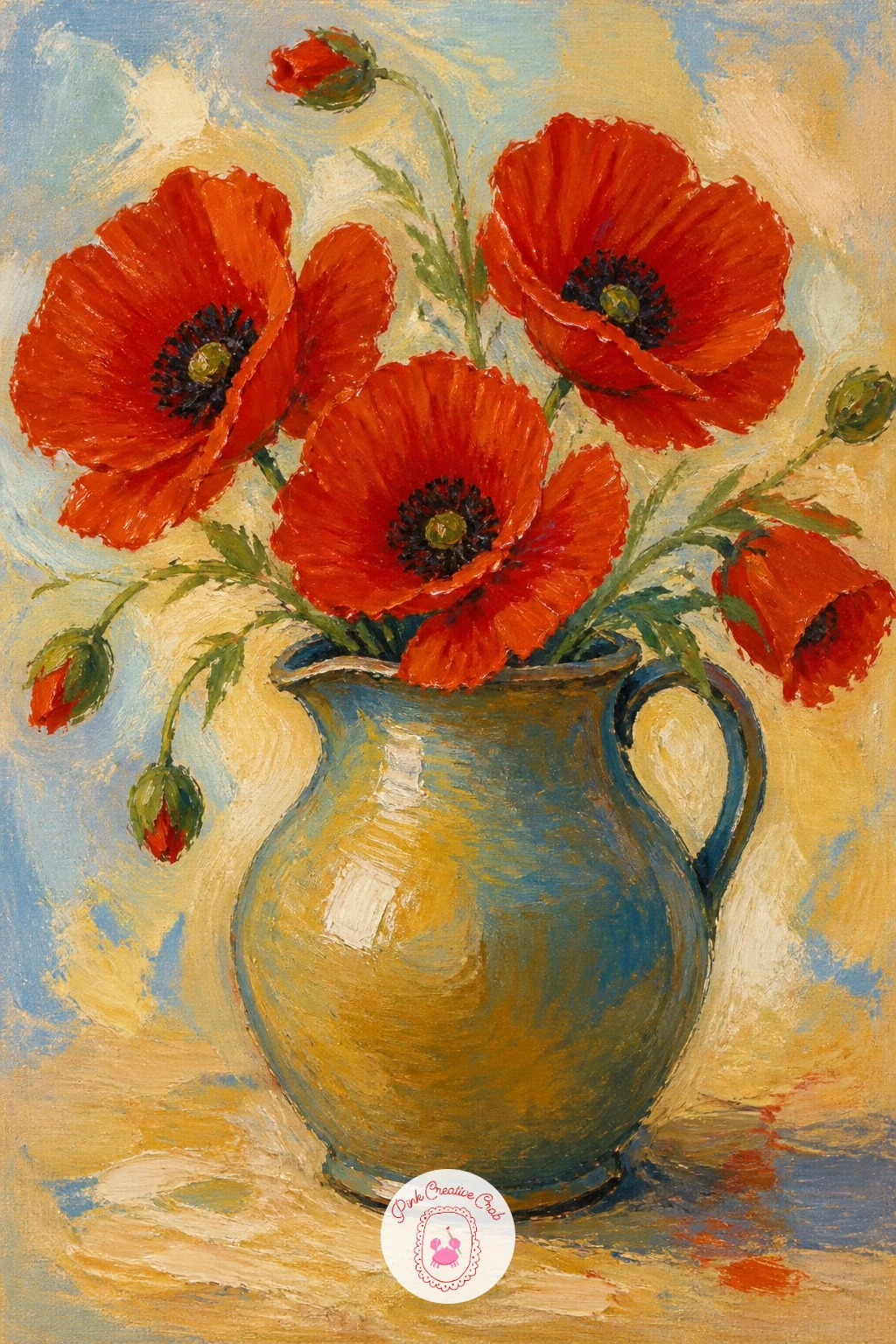 Poppies In A Ceramic Pitcher — Return to a still life with poppies in a ceramic pitcher, letting the vessel's shape and glaze add character beyond the flowers