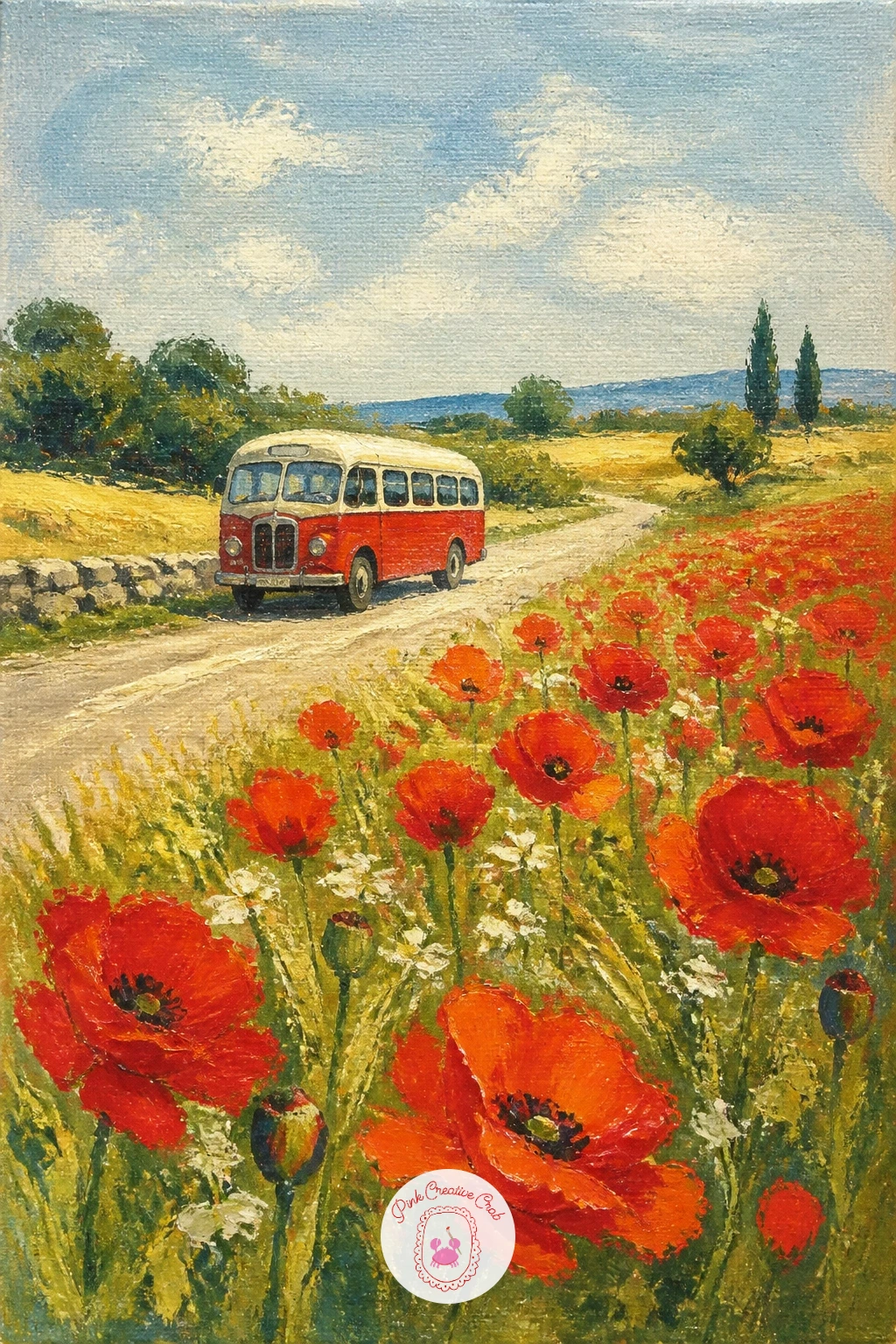 Vintage Bus Passing A Poppy Field — Add a dash of nostalgia with a vintage bus passing a poppy field, a charming subject for anyone who loves countryside road