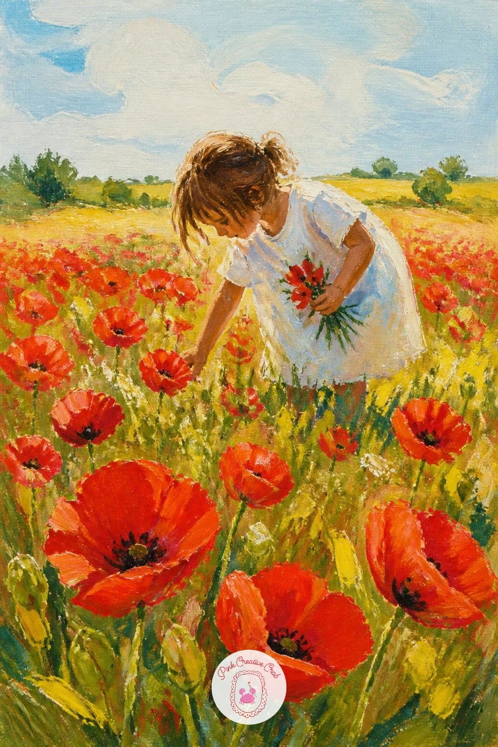 Child Picking Poppies — Capture an everyday moment with a child picking poppies, bent slightly forward with one hand reaching toward a bloom. Poppy painting