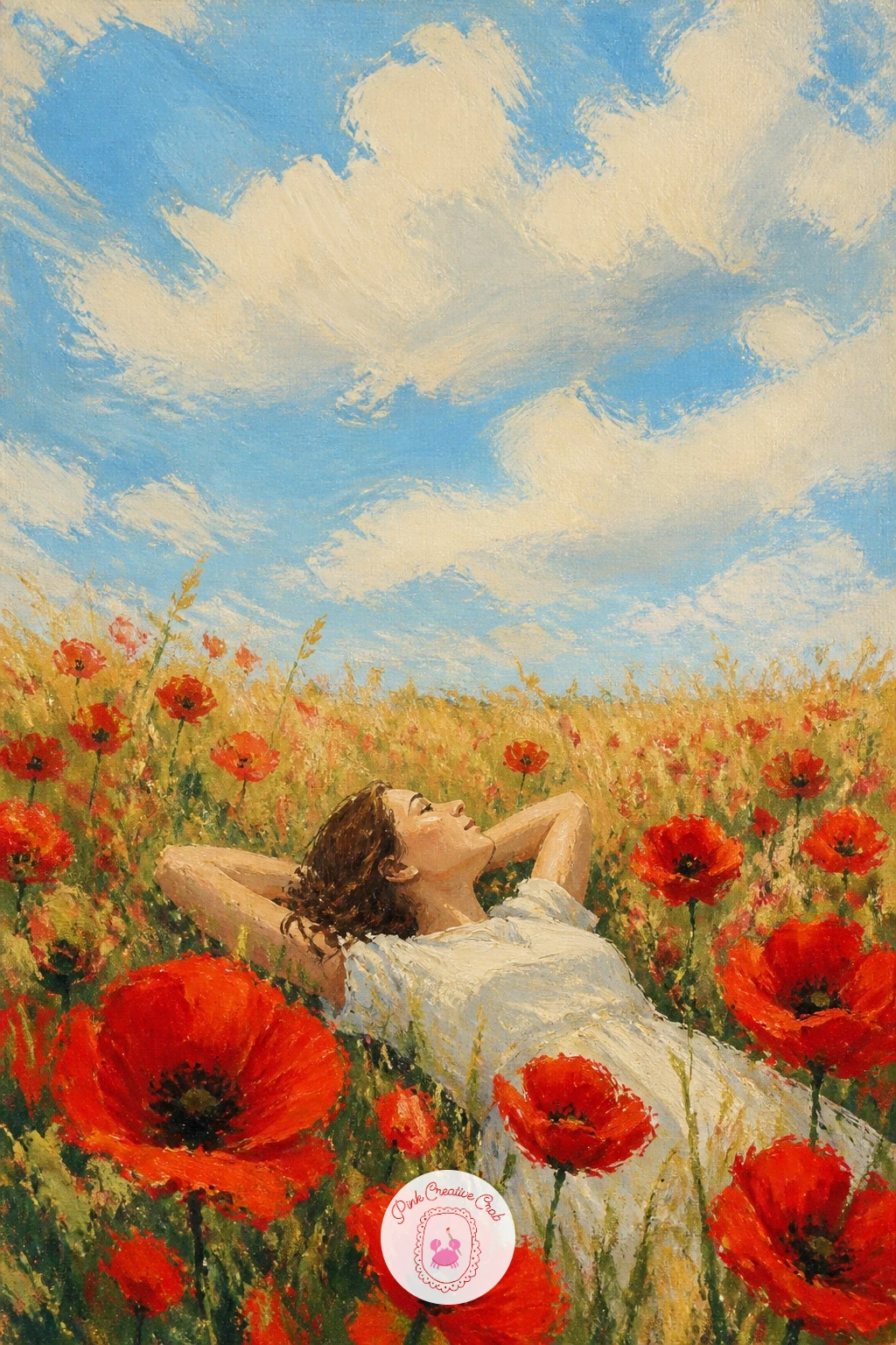 Girl Lying In Poppies Looking At Clouds — Shift the viewpoint with a girl lying in poppies looking at clouds, seen from slightly above or from the side so the