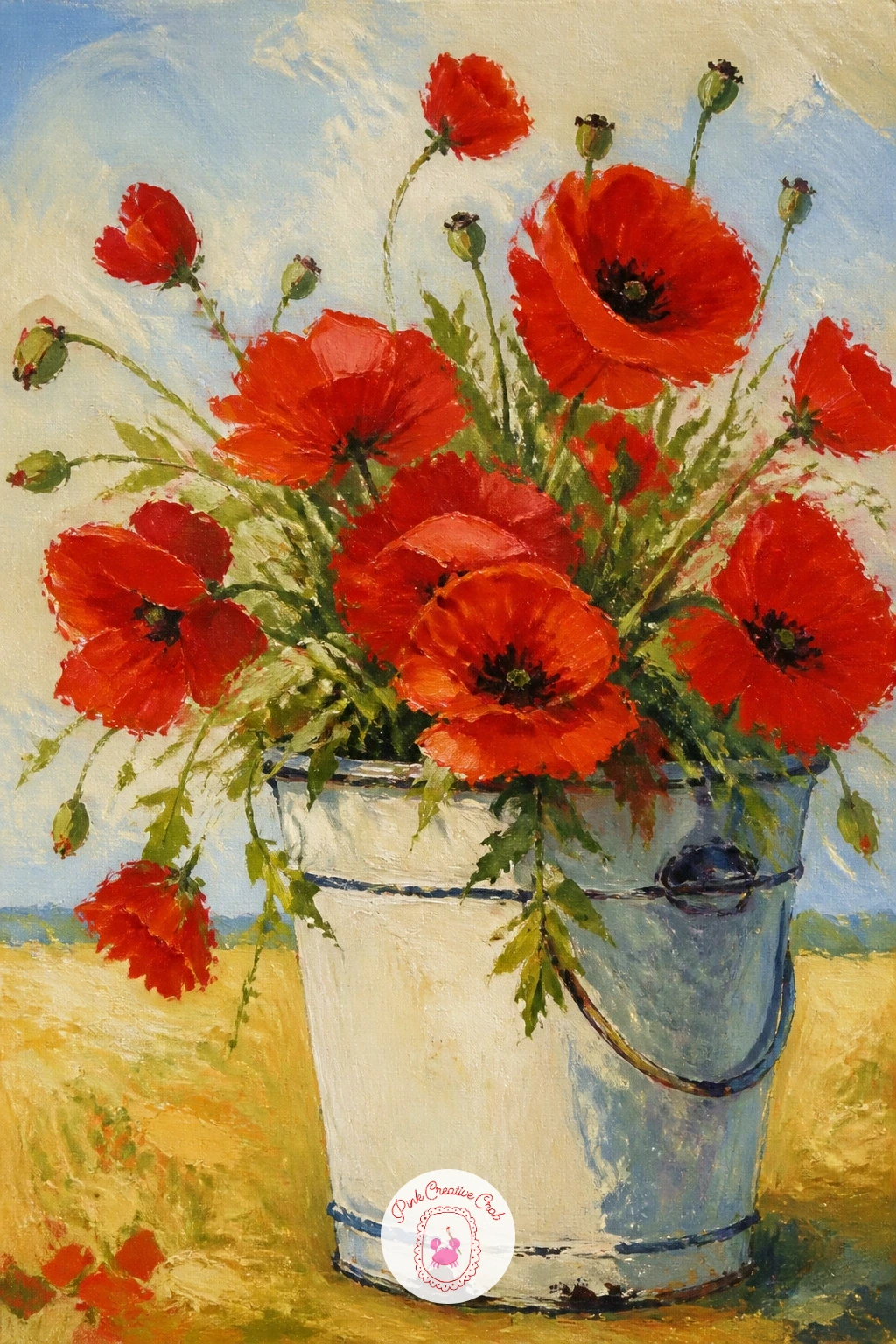Poppies In A Market Bucket — Bring the flowers to a market setting with poppies in a market bucket, loosely gathered as if fresh from a flower stall. Poppy