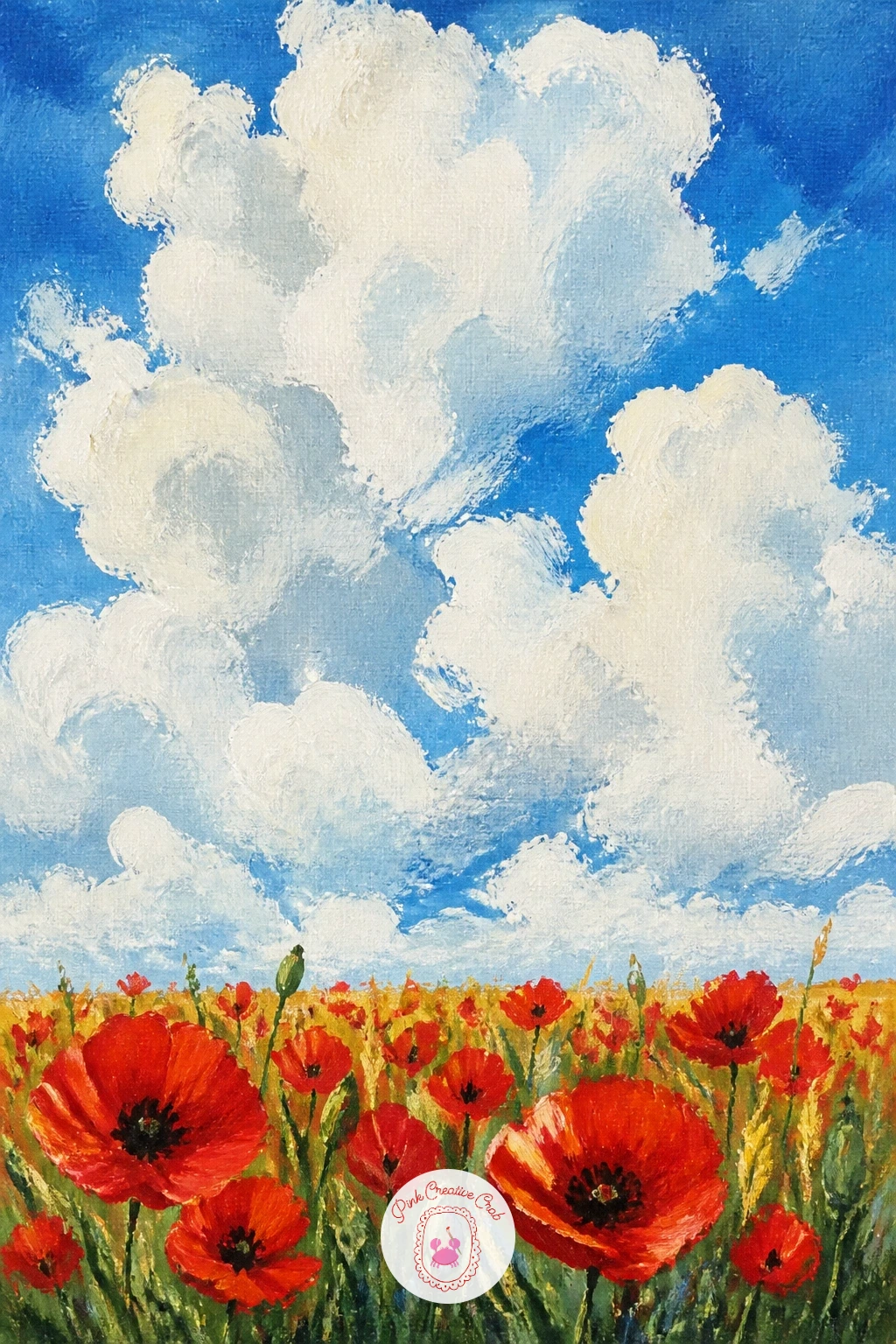 Poppy Field Under Big Summer Clouds — Make the sky the real subject with a poppy field under big summer clouds, letting towering white clouds take up well over