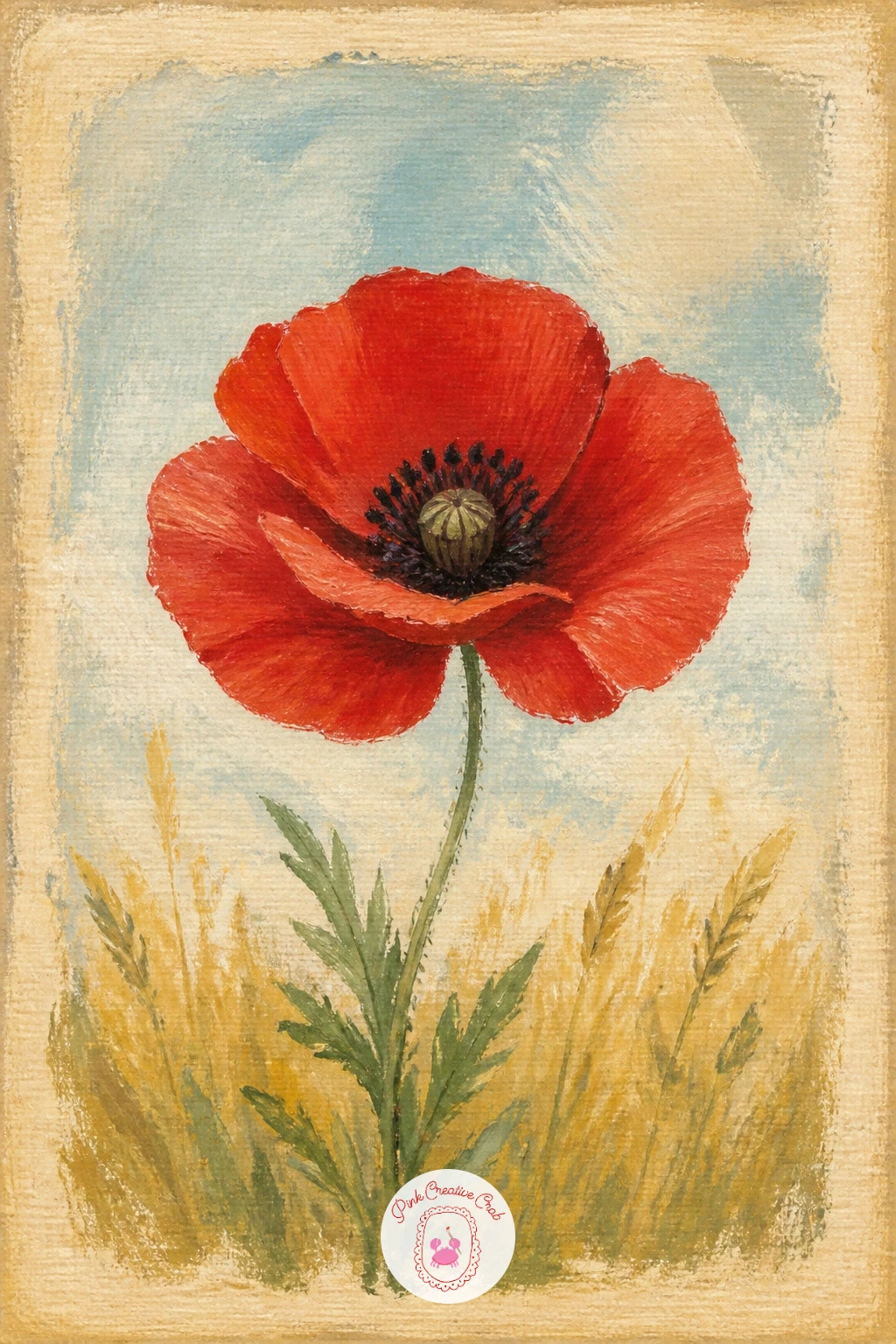 Poppy On A Vintage Postcard — Try something with a printed, nostalgic feel through a poppy on a vintage postcard, where the flower sits inside a faded border