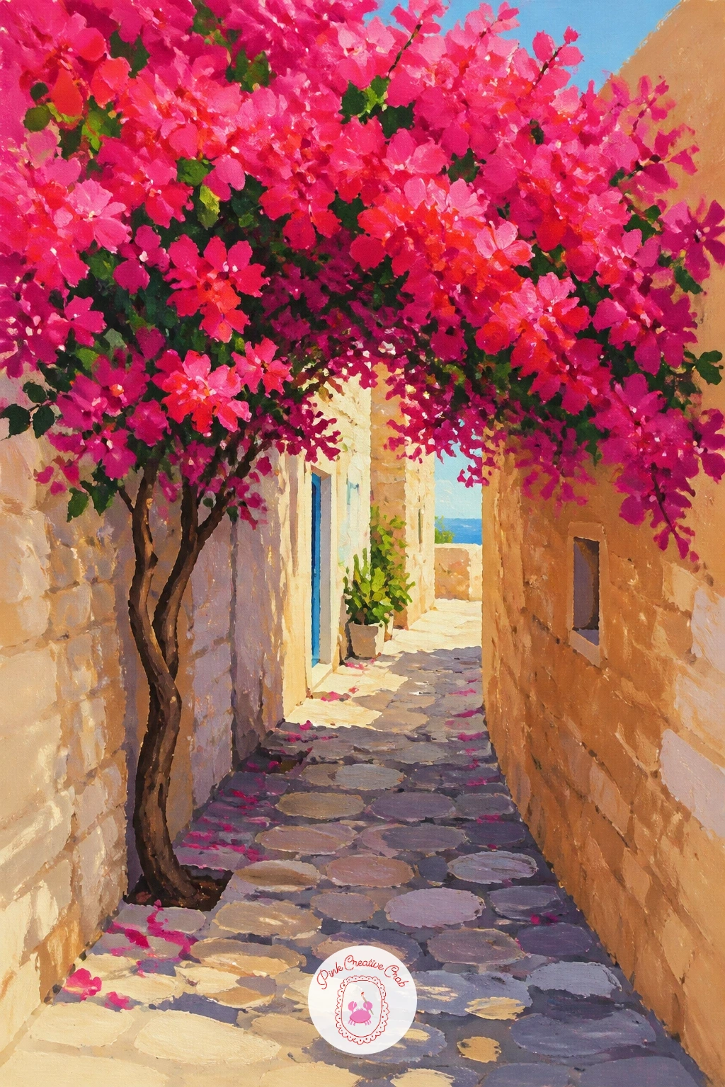 Pink Bougainvillea Arch Over a Lane — Move from one wall to a whole lane for this one, where a pink bougainvillea arch stretches across a narrow street and