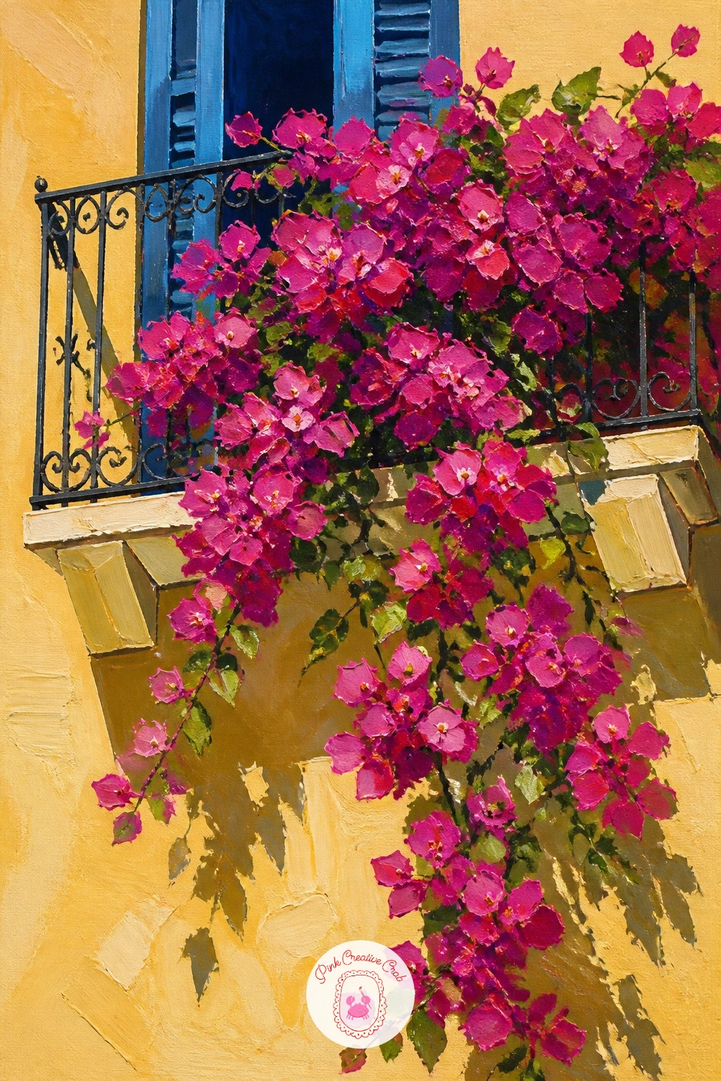 Bougainvillea Spilling Over a Balcony — Climb up a level for a balcony scene, where bougainvillea spills over a wrought iron railing and drips its magenta down
