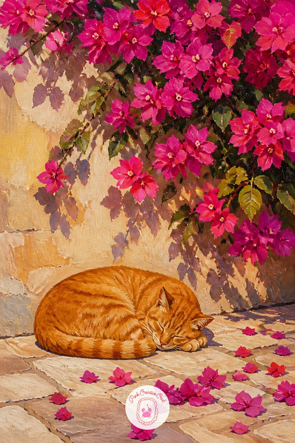 Cat Asleep Under Bougainvillea — Bring in a living thing for this quieter scene, a cat asleep on warm stone directly under a bougainvillea bush. Bougainvillea